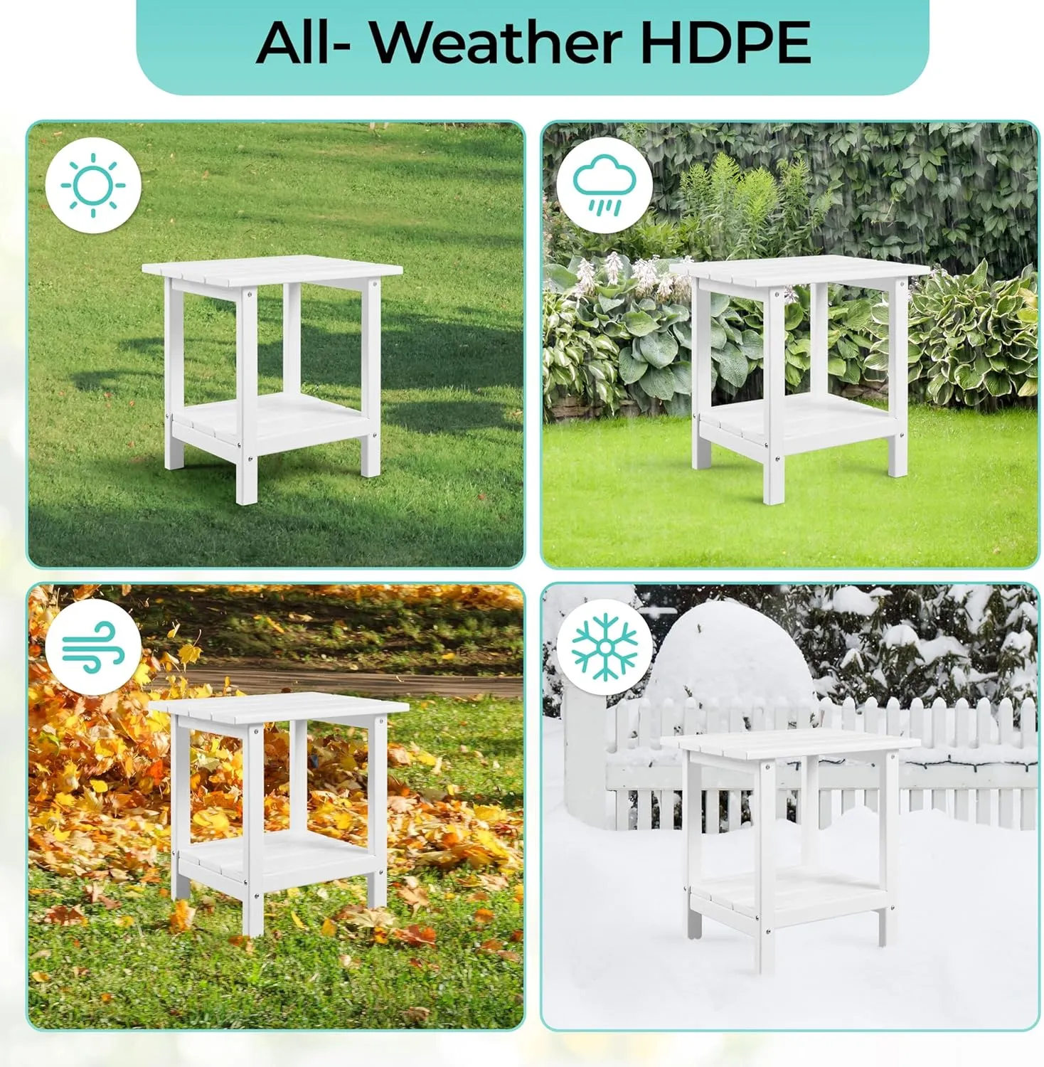 Yaheetech Adirondack Outdoor Side Table, HDPE Small Patio End Table, Pool Composite Patio Table, Balcony Modern Outside Tables for Garden, Pool, Beach, Porch, Deck, Indoor, Backyard White/double layer