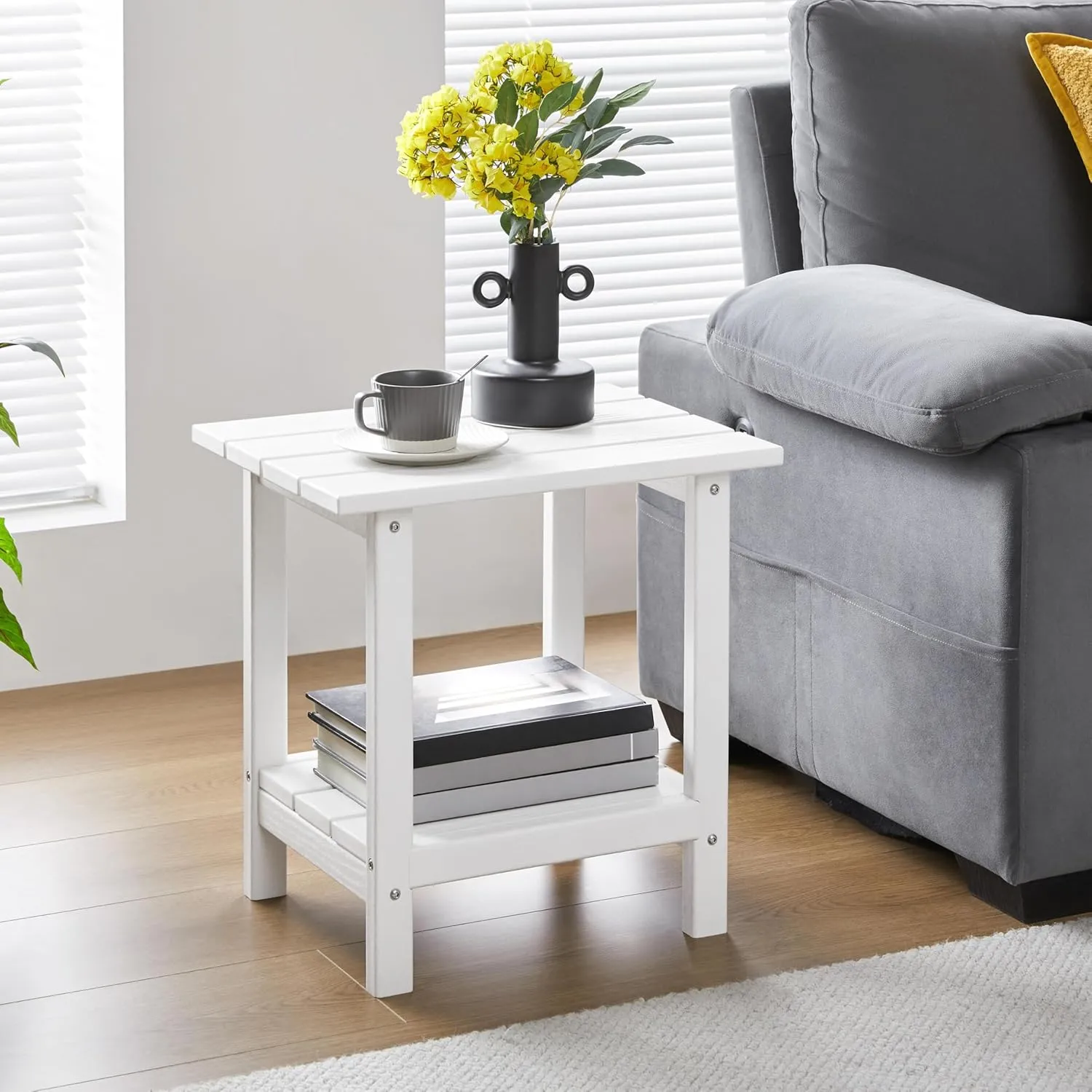 Yaheetech Adirondack Outdoor Side Table, HDPE Small Patio End Table, Pool Composite Patio Table, Balcony Modern Outside Tables for Garden, Pool, Beach, Porch, Deck, Indoor, Backyard White/double layer
