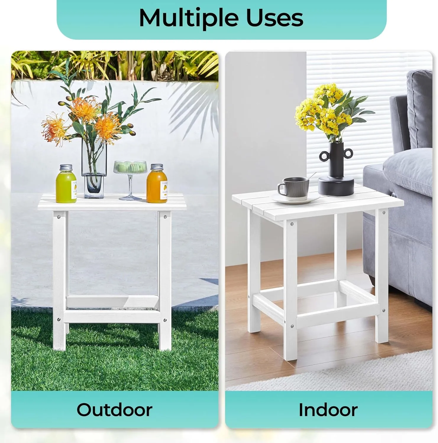 Yaheetech Adirondack Outdoor Side Table, HDPE Small Patio End Table, Pool Composite Patio Table, Balcony Modern Outside Tables for Garden, Pool, Beach, Porch, Deck, Indoor, Backyard White/single layer