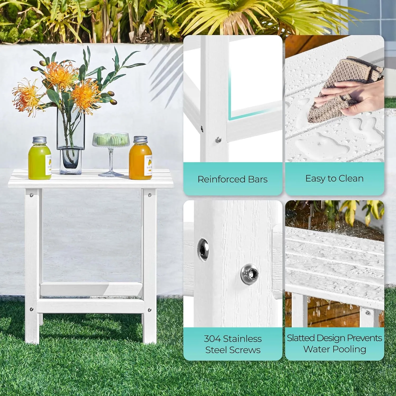 Yaheetech Adirondack Outdoor Side Table, HDPE Small Patio End Table, Pool Composite Patio Table, Balcony Modern Outside Tables for Garden, Pool, Beach, Porch, Deck, Indoor, Backyard White/single layer