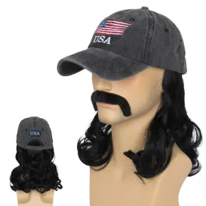 Yan Dream Mullet Hat Wig with Mustache 4th of July Hair Accessories Mens 80s Hat Wig Party (Black)