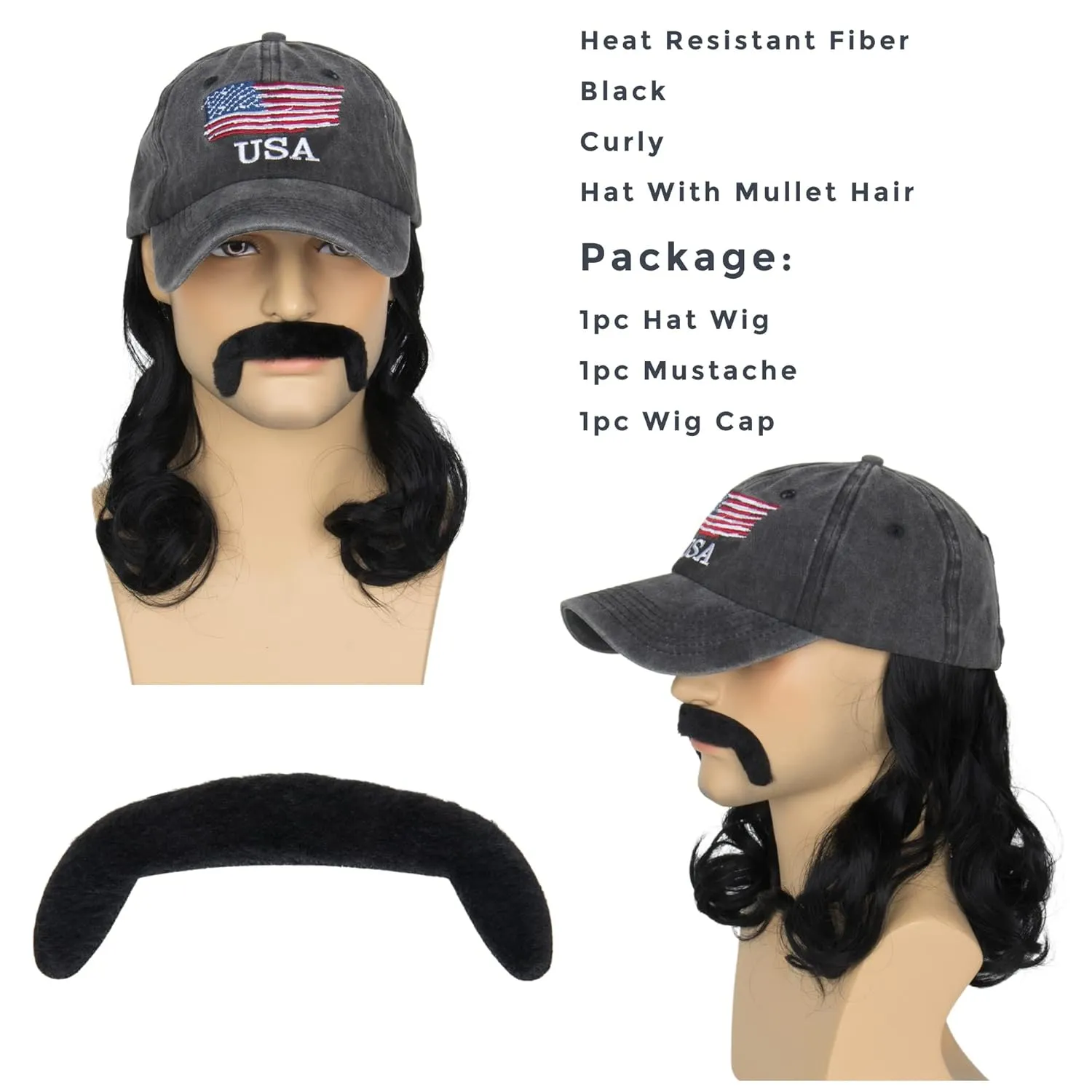 Yan Dream Mullet Hat Wig with Mustache 4th of July Hair Accessories Mens 80s Hat Wig Party (Black)