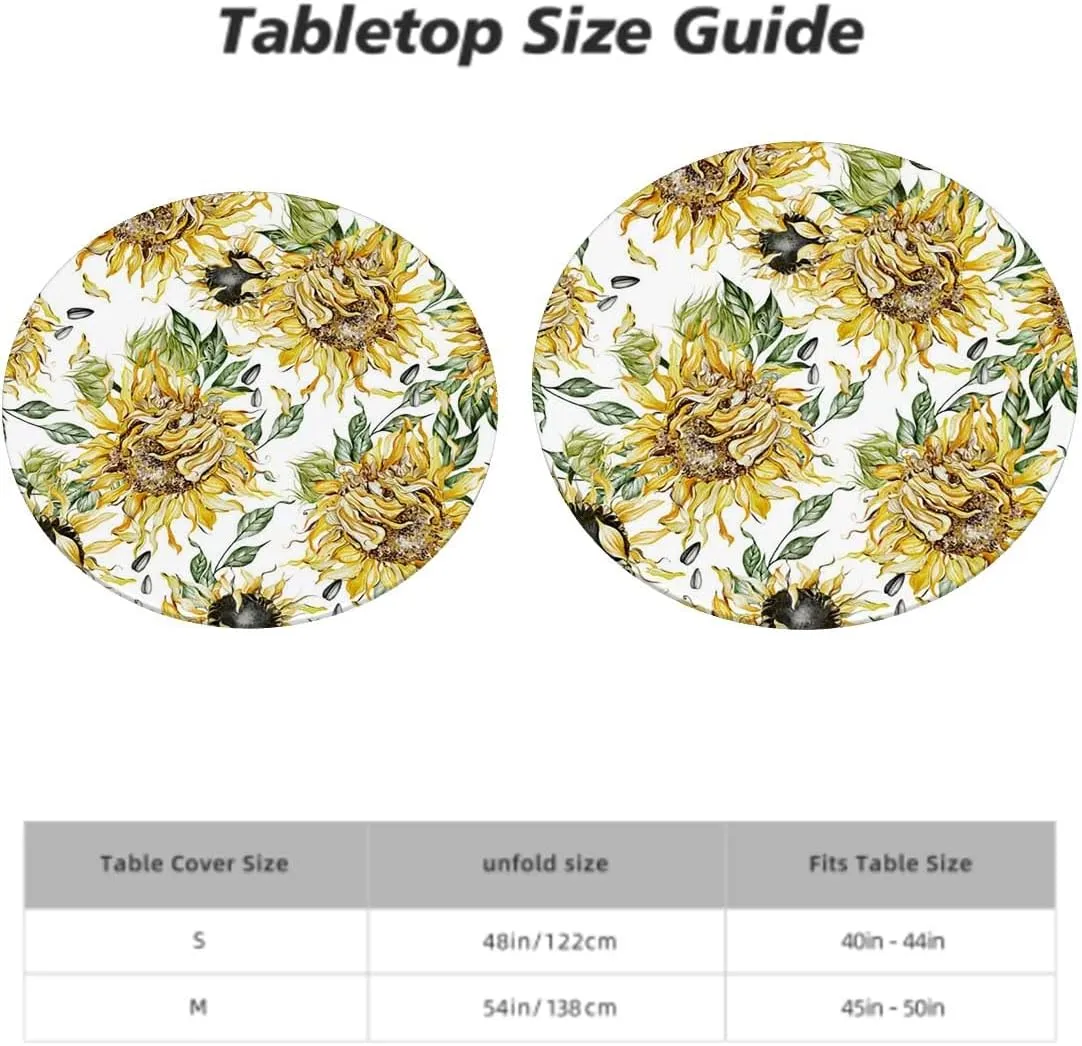 Yellow Marigold Round Fitted Tablecloth with Elastic Edge Watercolor Style Sunflowers Pattern Table Cloth ​ Round Dining Table Covers for Kitchen Picnic Party Fits up 40"-44" Diameter Tables