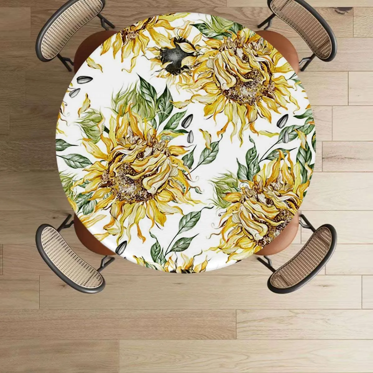 Yellow Marigold Round Fitted Tablecloth with Elastic Edge Watercolor Style Sunflowers Pattern Table Cloth ​ Round Dining Table Covers for Kitchen Picnic Party Fits up 40"-44" Diameter Tables