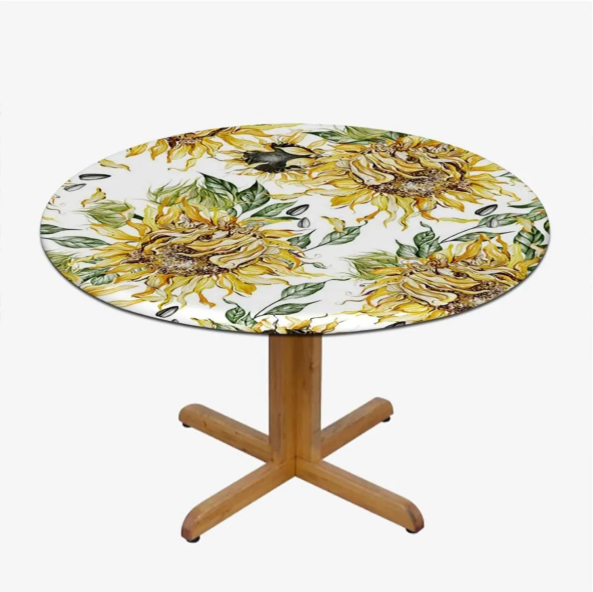 Yellow Marigold Round Fitted Tablecloth with Elastic Edge Watercolor Style Sunflowers Pattern Table Cloth ​ Round Dining Table Covers for Kitchen Picnic Party Fits up 40"-44" Diameter Tables