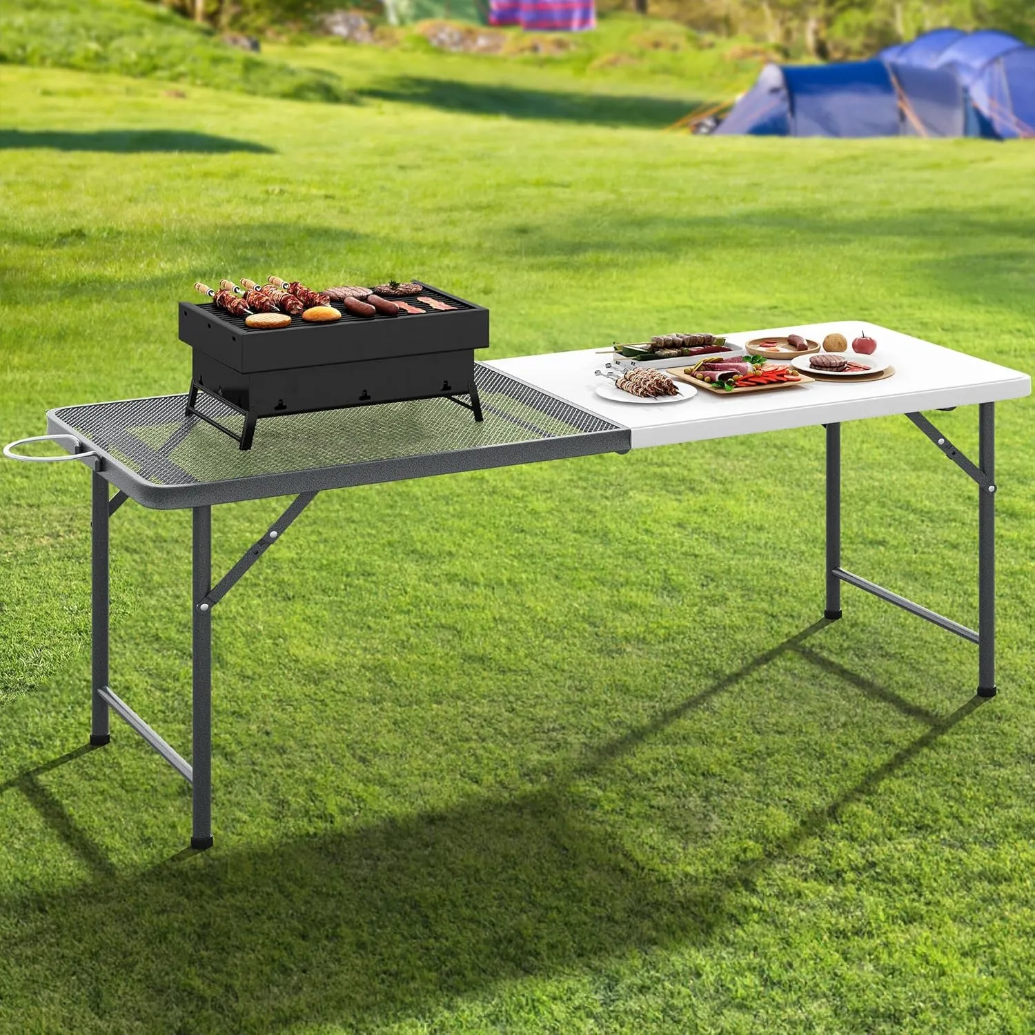 YITAHOME 2-in-1 Metal Folding Table for Grill 6Ft Design for Camping, Heavy Duty Folding Grill Table for Outside, Cooking, BBQ, and Picnics, White