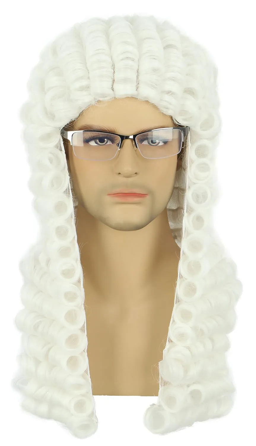 yuehong Long Curly White Barrister Judge Wig Gentleman Lawyer Costume Hair Heat Resistant Synthetic Fibers Soft Durable Breathable Wig