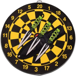 Z Hunter Throwing Knife Set and Target Board - Set of 3 Knives, Black/Satin Steel Blades w/Bio Hazard Graphic, Green Cord Wrapped Handles, Full Tang, Target Board and Nylon Sheath - ZB-155SET, 6"