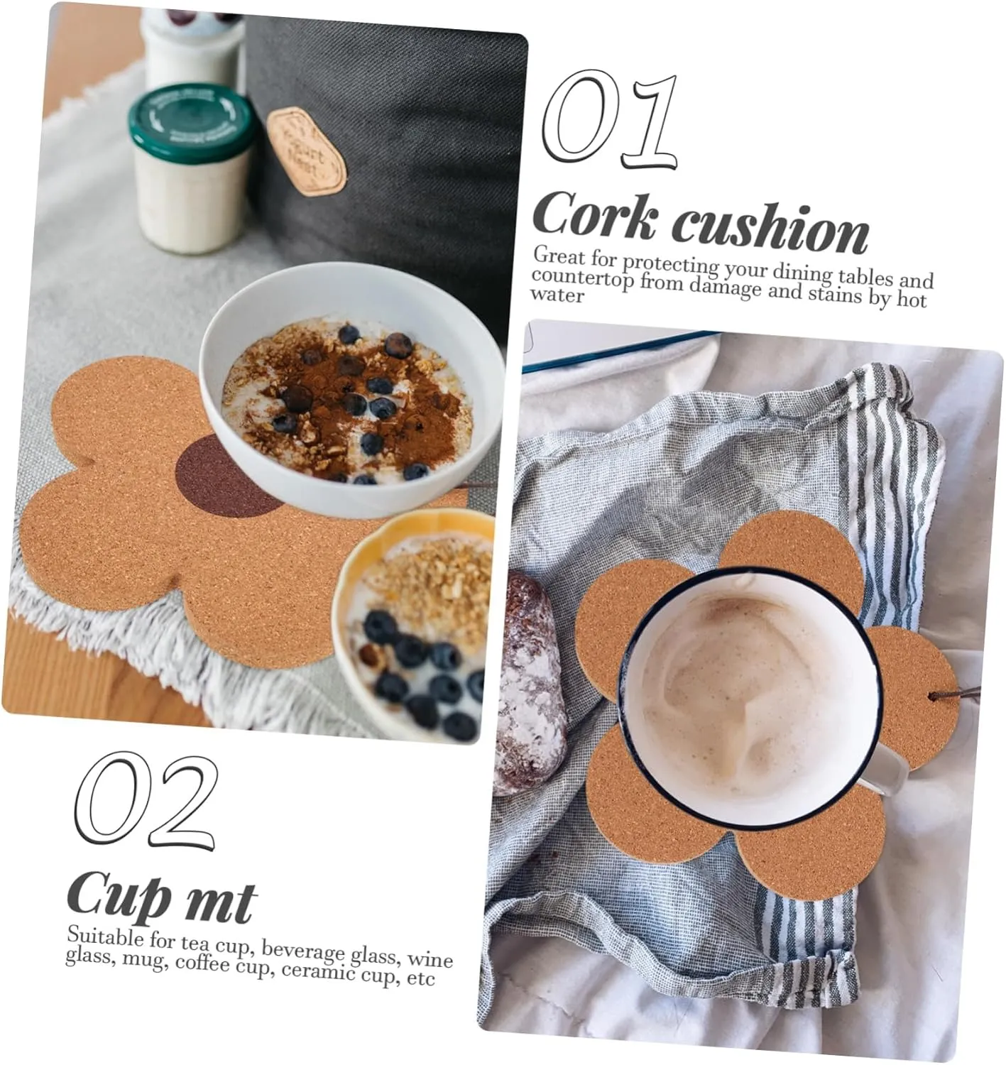 Zerodeko Craftsmanship Cork Coasters 3-Piece Heat-Resistant Cup Mats Adorable Design for Home Dec