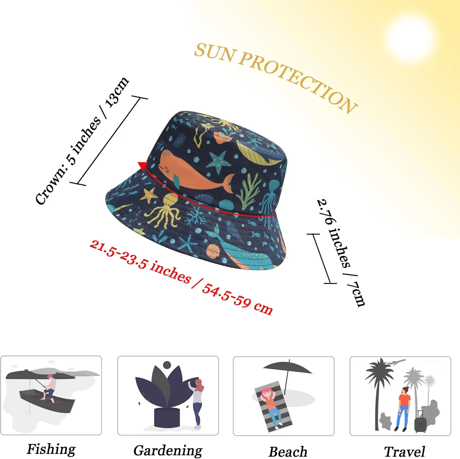 ZLYC Unisex Cute Print Bucket Hat Summer Travel Fisherman Cap for Women Men Teens
