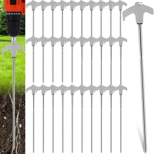 Zonon 30 Pack Screw in Tent Stakes 8 Inch and 12 Inch Each 15 Pack Heavy Duty Camping Stakes Metal Spikes Ground Anchor Peg Threaded Tent Spikes for Garden Outdoor Canopies Grassland(White)