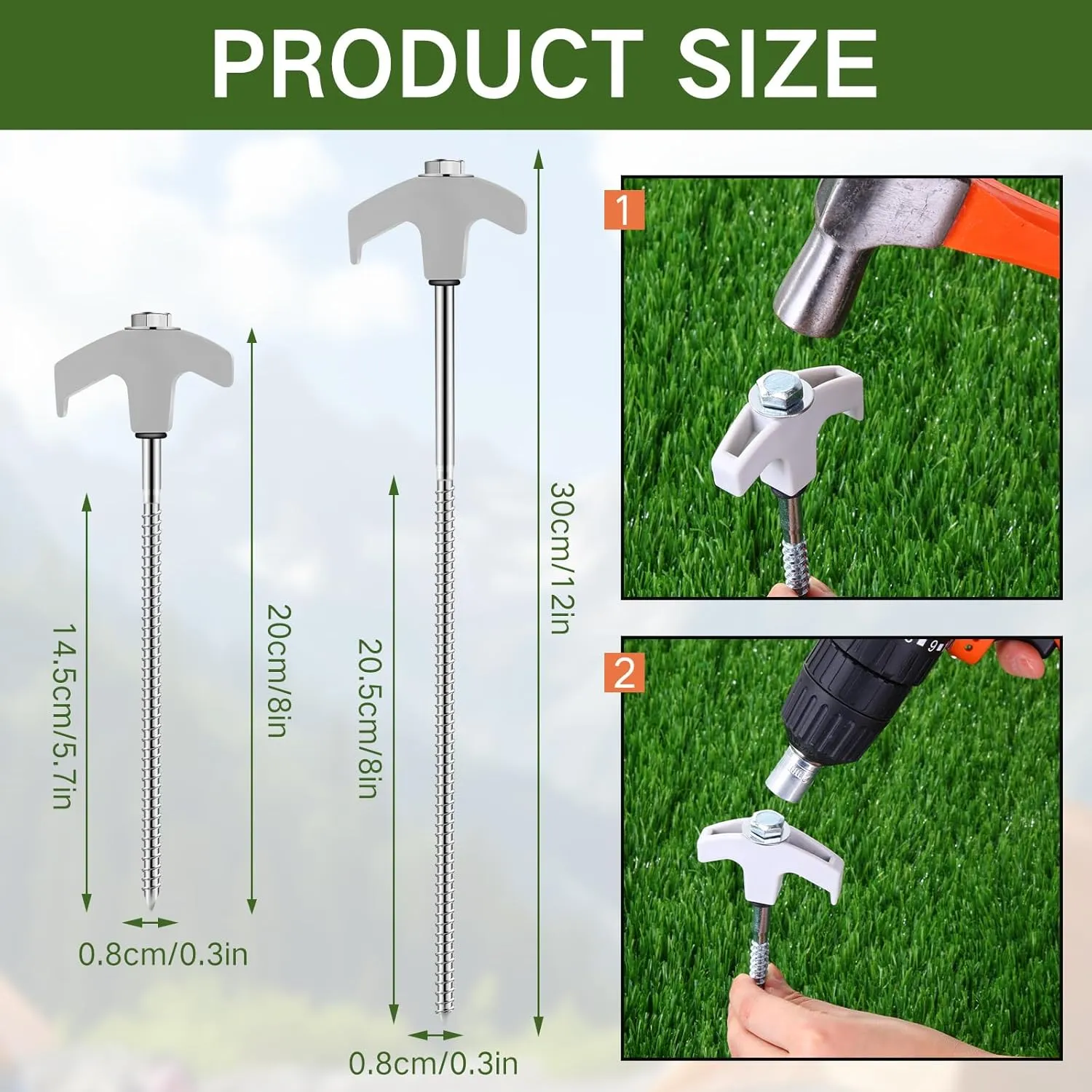 Zonon 30 Pack Screw in Tent Stakes 8 Inch and 12 Inch Each 15 Pack Heavy Duty Camping Stakes Metal Spikes Ground Anchor Peg Threaded Tent Spikes for Garden Outdoor Canopies Grassland(White)